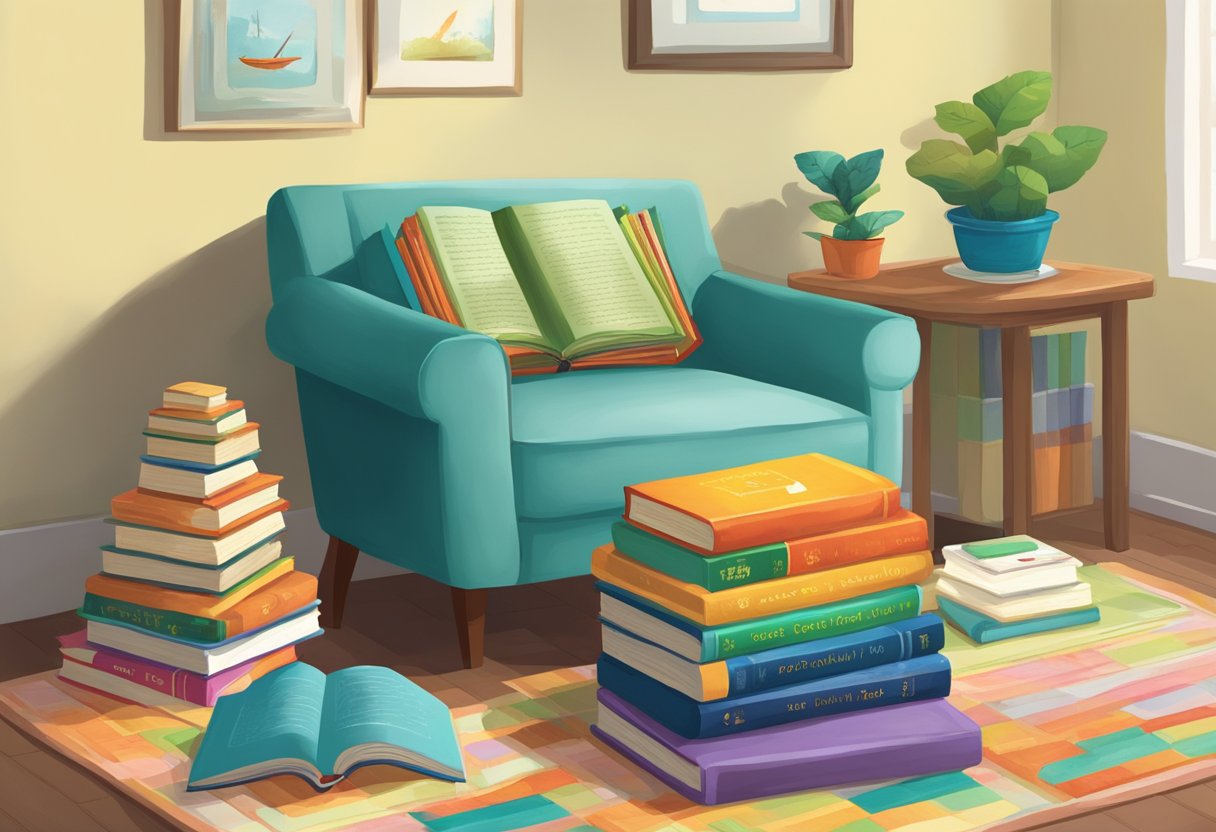 Colorful books arranged in a stack, with titles like "The Very Hungry Caterpillar" and "Goodnight Moon" visible. A small table and chair nearby suggest a cozy reading nook