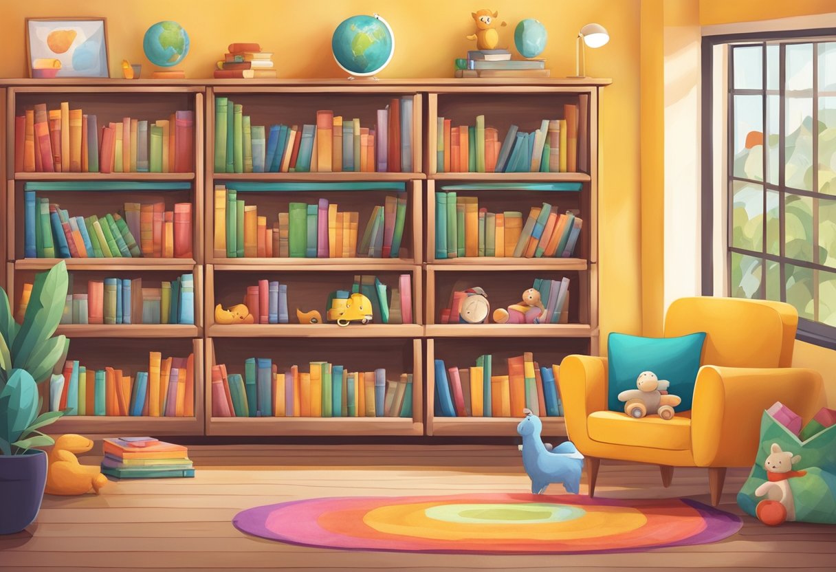 A colorful bookshelf filled with top 10 preschooler books, surrounded by playful toys and cozy seating area