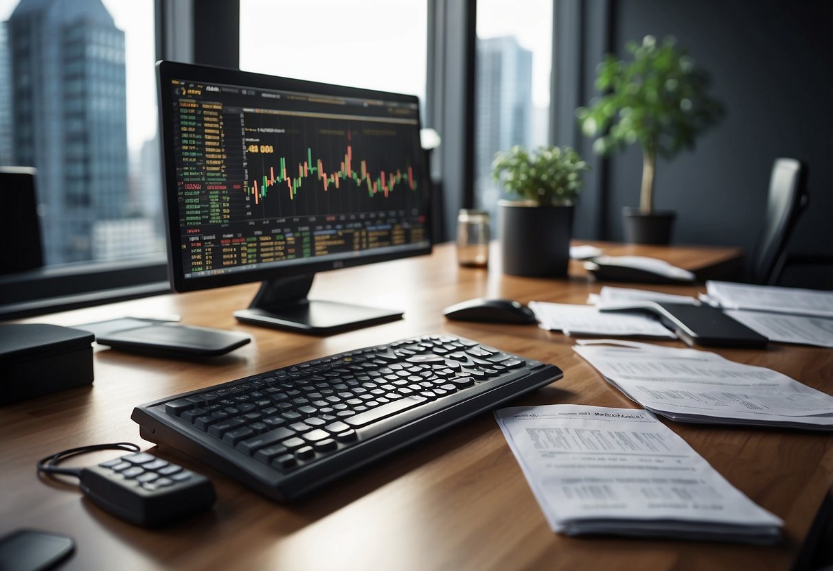 A desk with a computer displaying QQQ stock analysis charts, surrounded by financial reports and a calculator