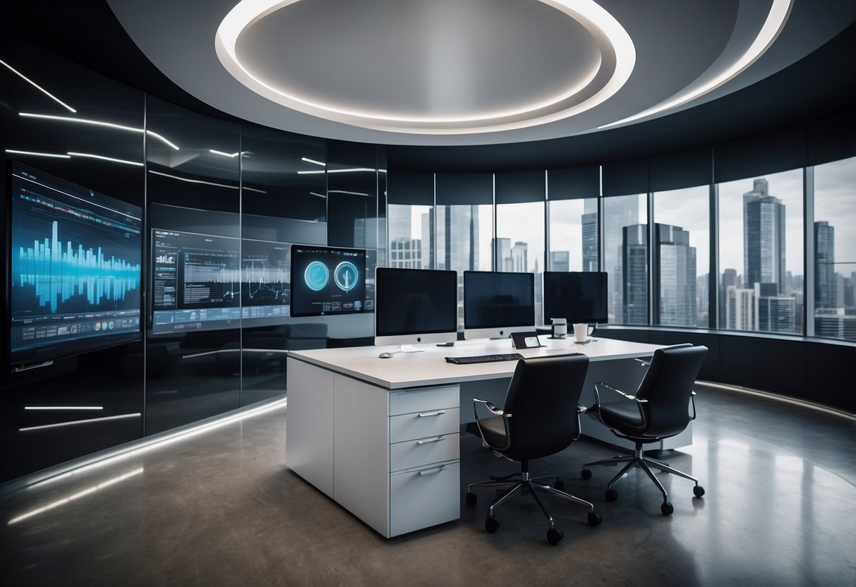 A modern office with digital screens and financial charts, surrounded by sleek technology and futuristic architecture