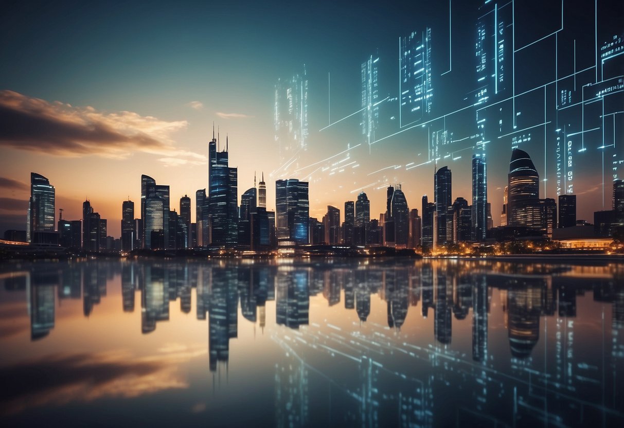 A futuristic city skyline with digital banking symbols floating above skyscrapers. Glowing data streams connect the buildings, showcasing the technological foundations of fintech banking