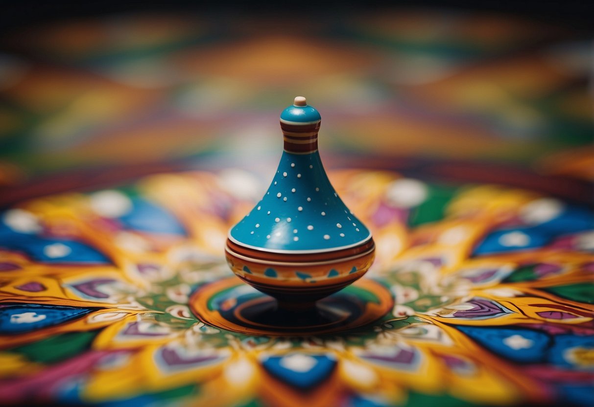 A spinning top whirling on a colorful, patterned surface