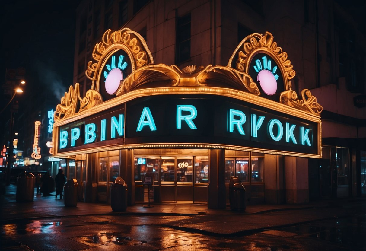 A glowing neon Bspin Casino sign illuminates a bustling city street at night, with excited patrons entering the vibrant establishment