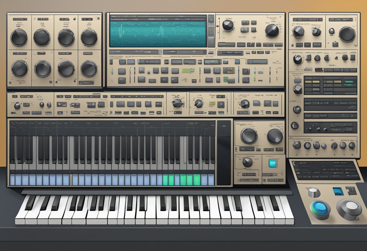 A computer screen displaying a list of top VST synths, with a keyboard and musical notes in the background