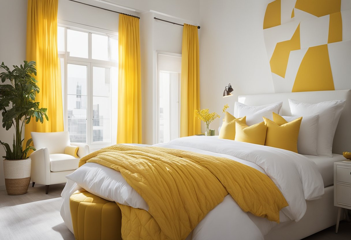 A bright yellow comforter covers a white bed, accented with yellow throw pillows. Sunlight streams through white curtains, casting a warm glow. White furniture and yellow accents complete the energizing bedroom design