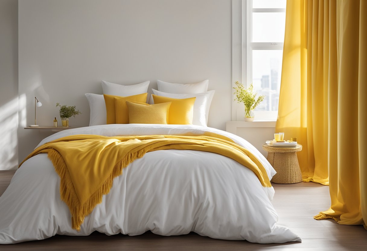 A bright yellow comforter on a crisp white bed, with yellow and white throw pillows. Sunlight streaming in through sheer yellow curtains, casting a warm glow on the room