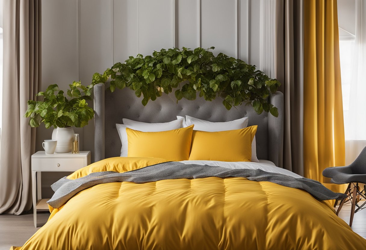 A bright yellow comforter covers the bed, with white pillows and curtains. Sunlight streams through the window, casting a warm glow on the room