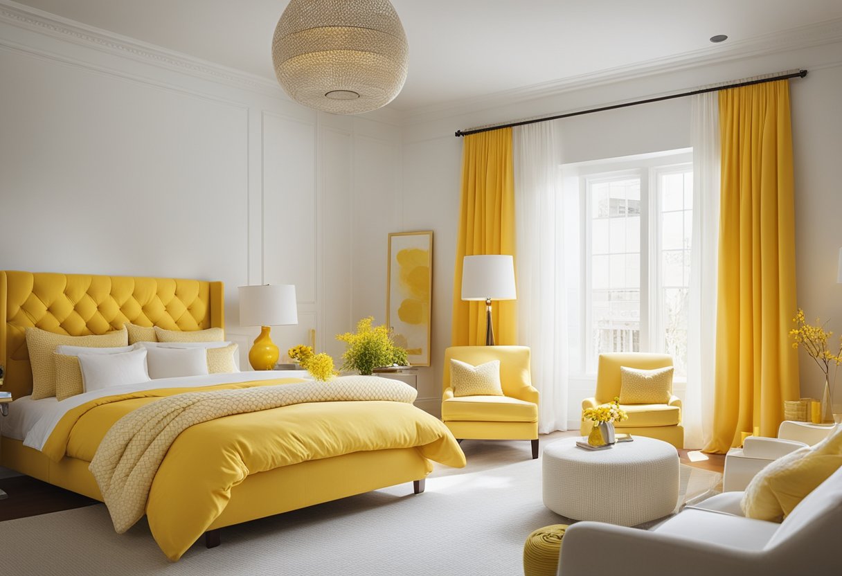 A bright yellow and white bedroom with sunlit windows, a cozy bed with yellow accent pillows, white furniture, and pops of yellow decor