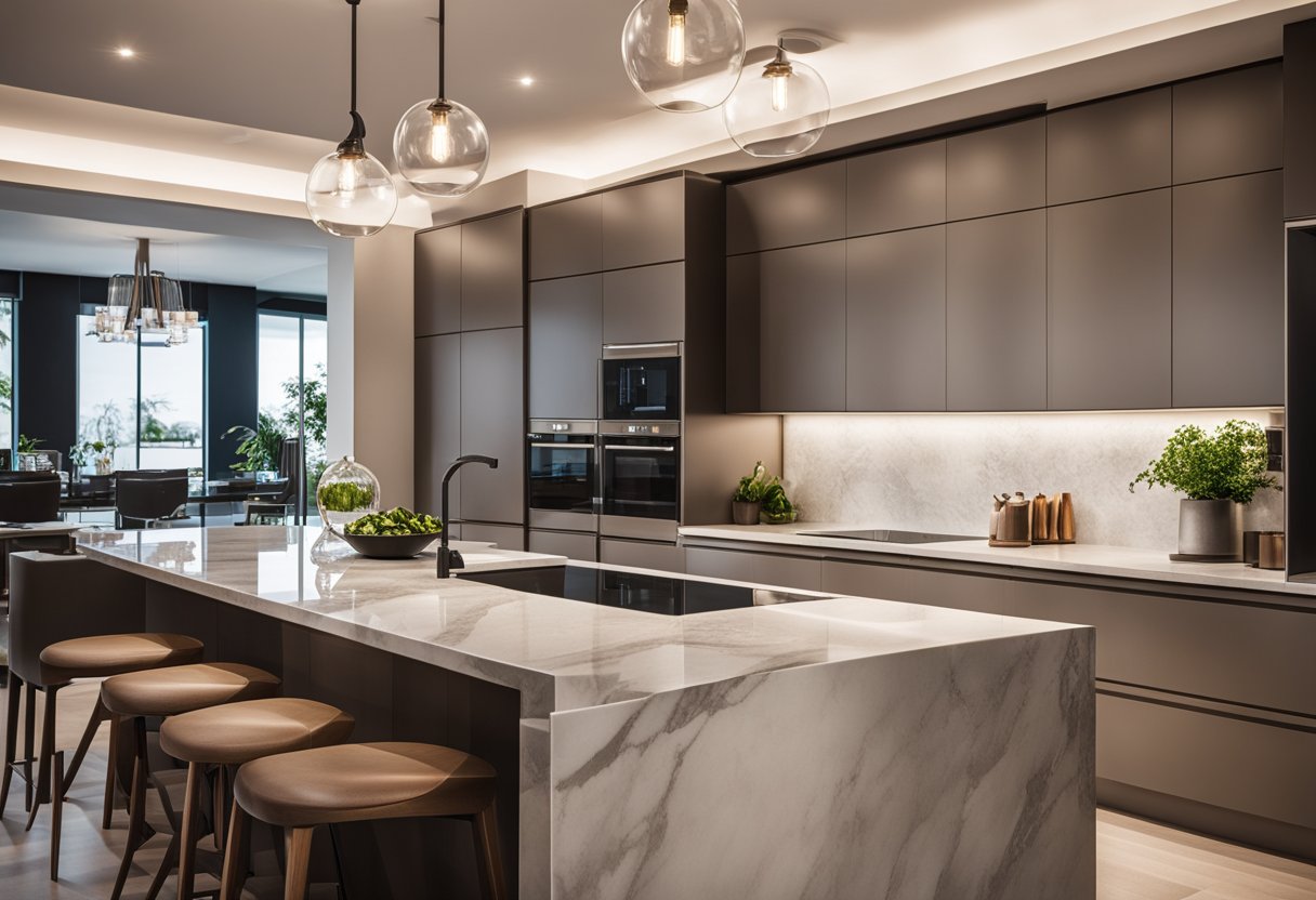 A modern kitchen with sleek cabinets and a marble countertop. A large, statement pendant light hangs above the island, casting a warm glow over the space