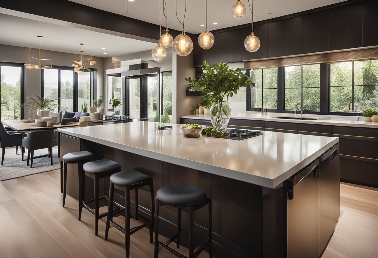 A modern kitchen with sleek countertops and ample natural light. Statement lighting hangs above an island, illuminating the space with a warm glow