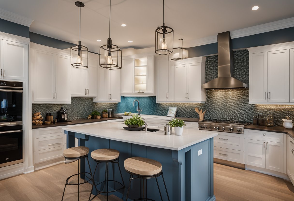 A bright, modern kitchen with sleek countertops and a large island. A striking pendant light hangs above, casting a warm glow over the space