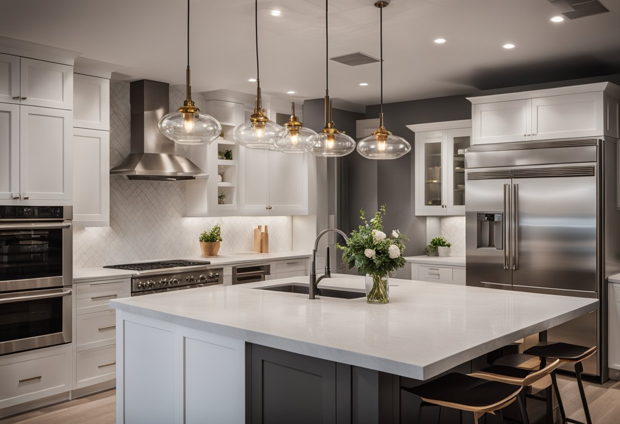 A modern kitchen with sleek cabinets and a large island, illuminated by a stunning statement lighting fixture hanging above