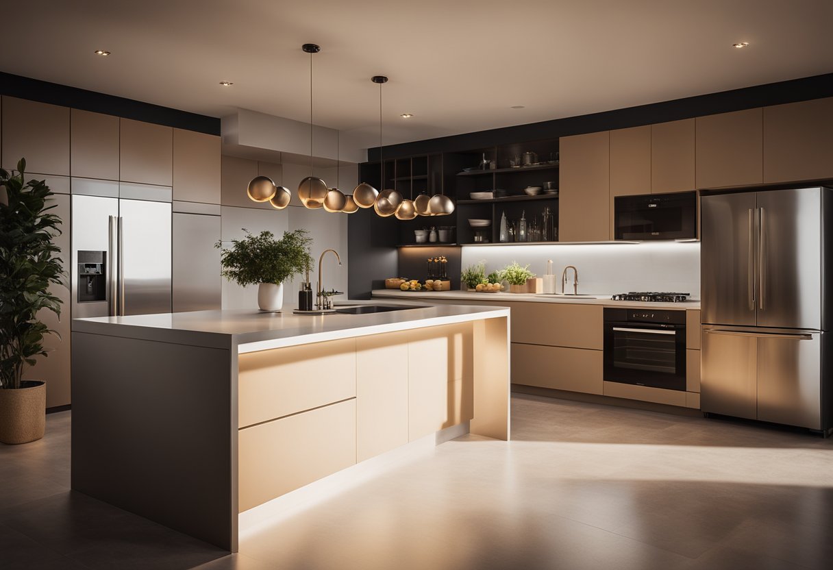 A warm, soft glow emanates from above, highlighting the sleek surfaces and elegant fixtures of a modern kitchen. Rich shadows add depth and drama to the space, creating a captivating ambiance