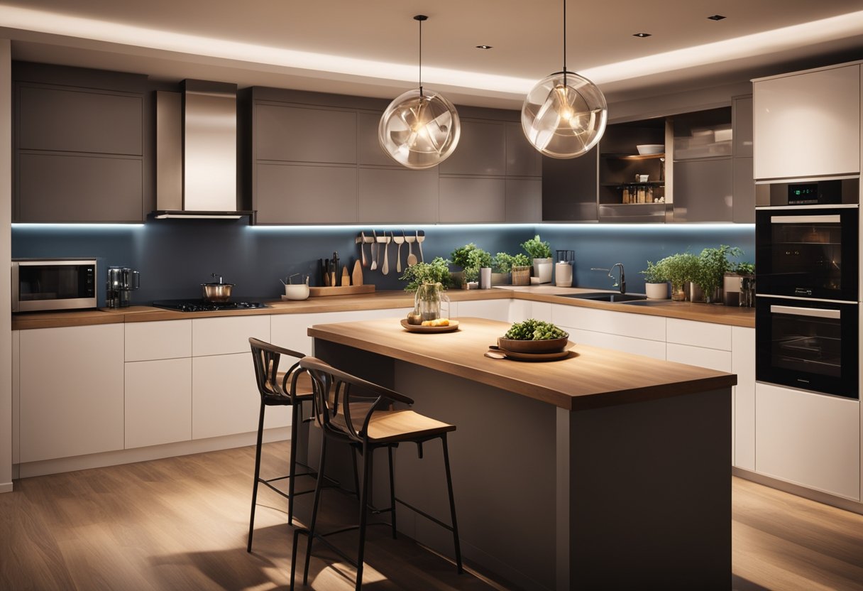 A warmly lit kitchen with focused spotlights on the cooking area and ambient lighting over the dining space. Textures and colors are enhanced by the strategic use of light