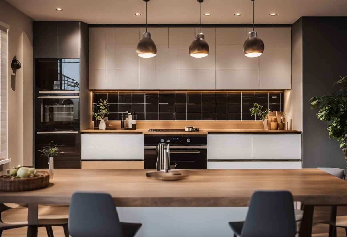 A cozy kitchen with warm, ambient lighting from pendant lights and under-cabinet fixtures. A spotlight highlights a unique piece of artwork or a decorative element on the wall