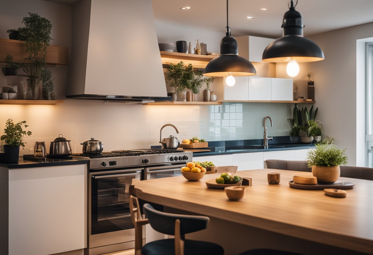 A kitchen illuminated with various artistic and thematic lighting fixtures, creating a warm and inviting atmosphere