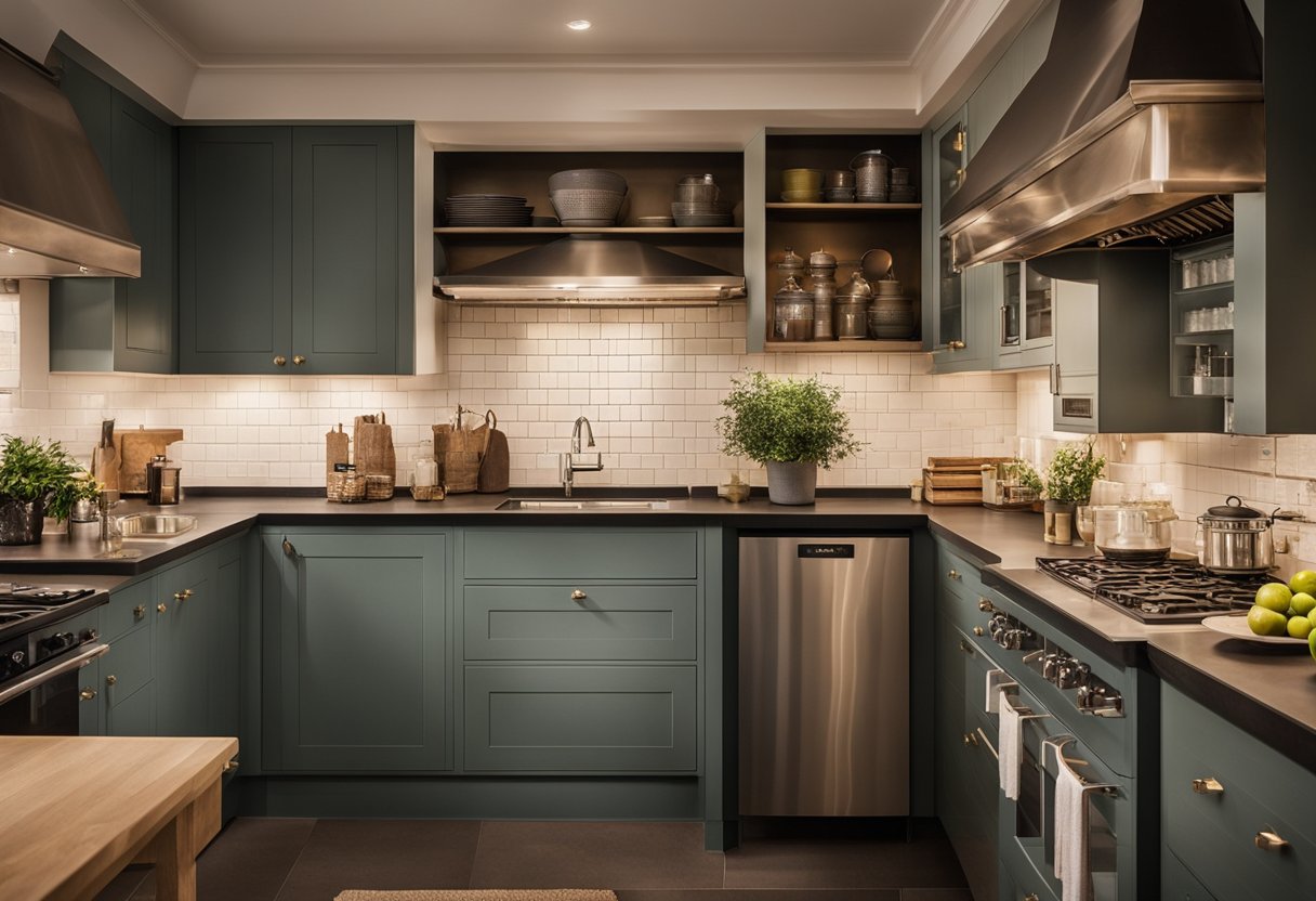 A kitchen with various lighting fixtures from different time periods and styles, showcasing the historical evolution of kitchen lighting