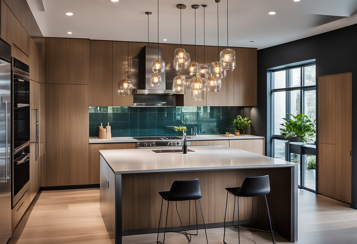 A modern kitchen with a mix of pendant and recessed lighting, showcasing a blend of metal, glass, and wood materials. Warm, ambient light fills the space, highlighting the sleek, contemporary design