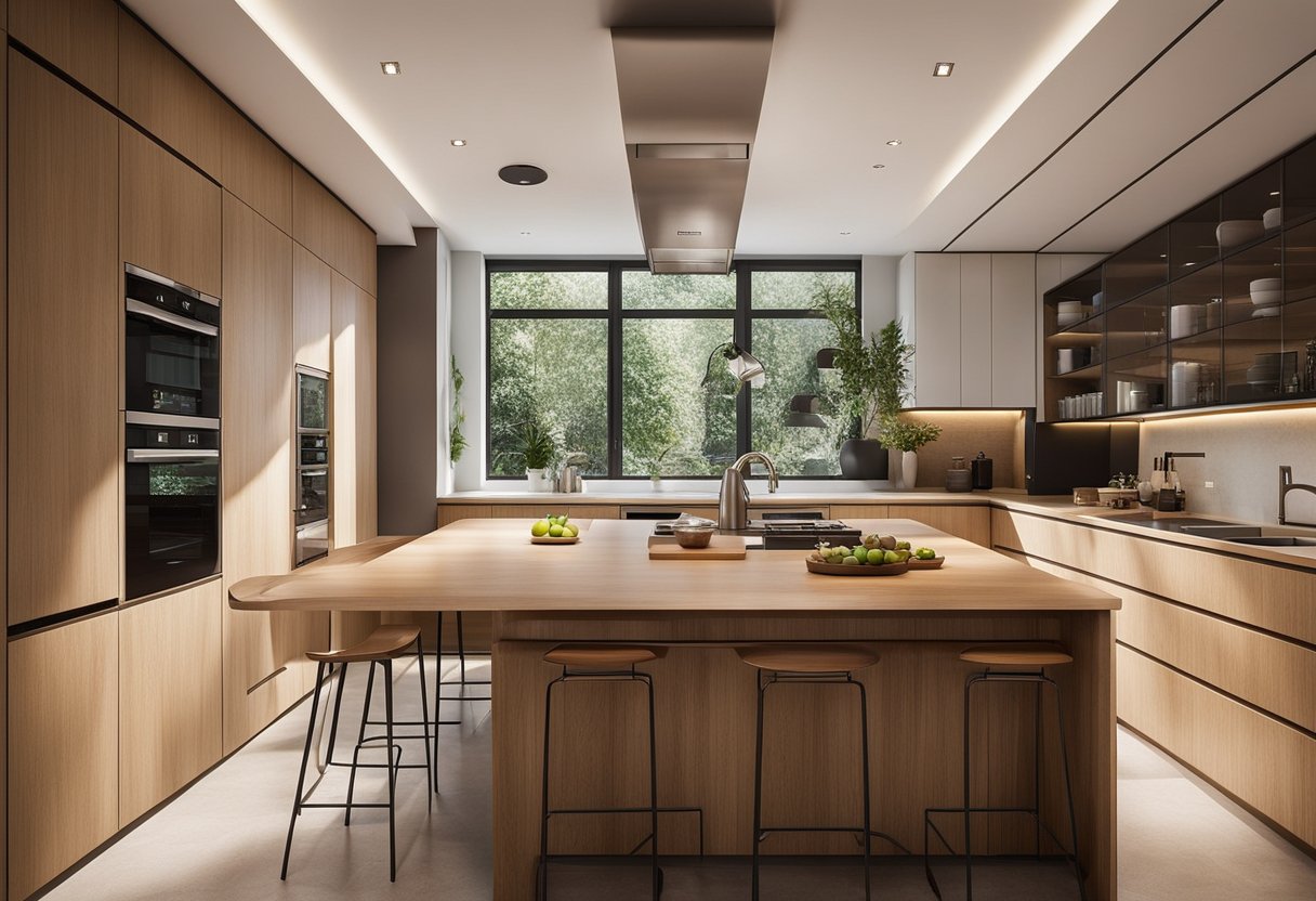 A kitchen illuminated by a combination of natural and artificial light sources, showcasing a mix of sustainable materials such as wood, glass, and metal for long-lasting and eco-friendly design