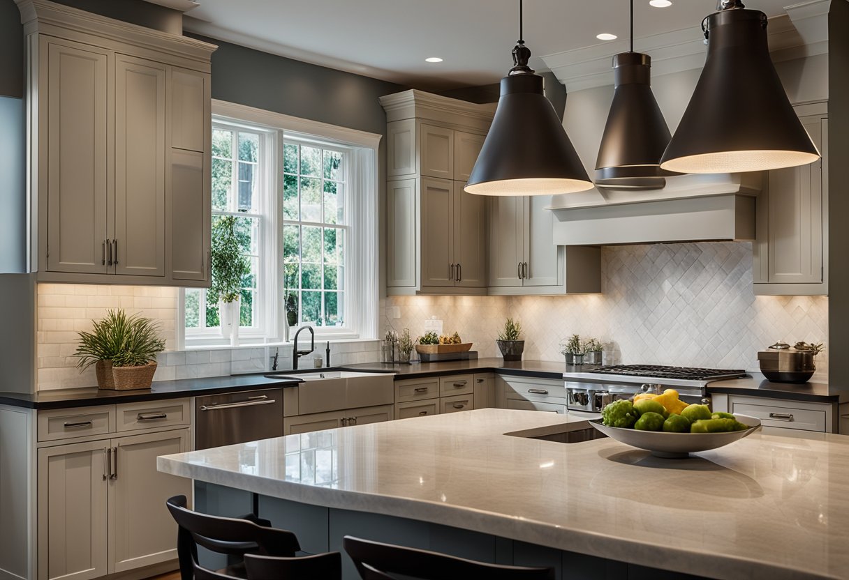 A kitchen with a mix of lighting materials and styles, featuring pendant lights, recessed lighting, and under-cabinet lighting