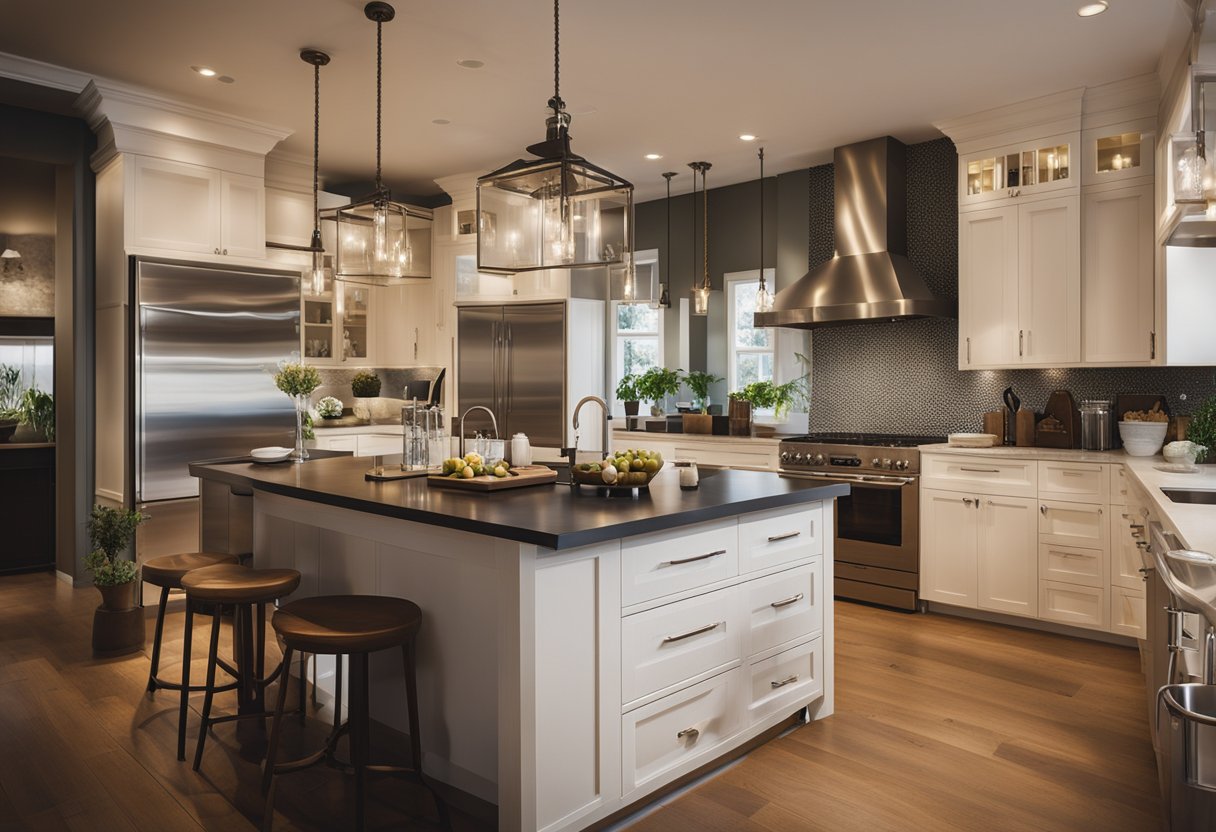 A kitchen island glows with a mix of vintage and modern lighting fixtures, creating an eclectic atmosphere