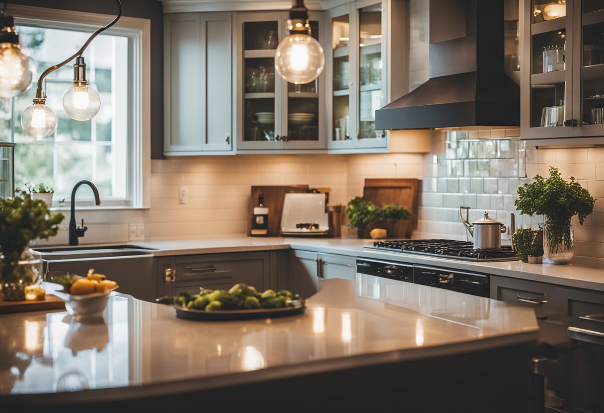 The modern kitchen is bathed in warm, vintage-inspired light from under-cabinet fixtures, casting a cozy glow over sleek, contemporary appliances and decor