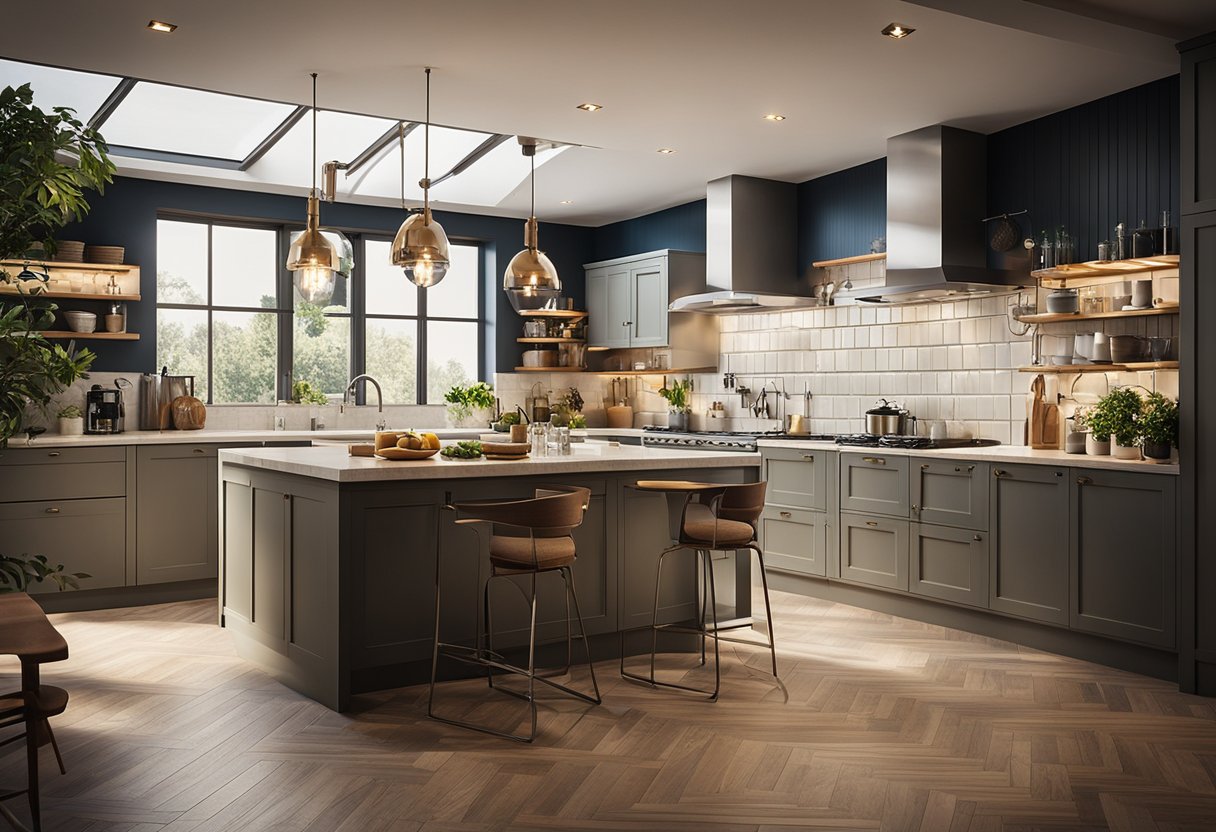 A kitchen with a mix of vintage and modern lighting fixtures, casting warm and vibrant light across the space