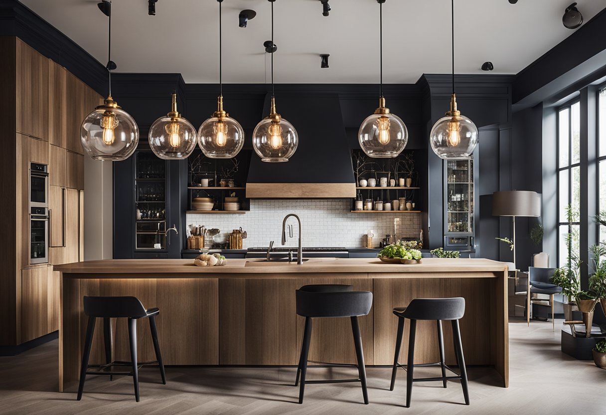 A kitchen with a mix of vintage and modern lighting fixtures, creating an eclectic and stylish atmosphere. Various styles and sizes of pendant lights and chandeliers illuminate the space