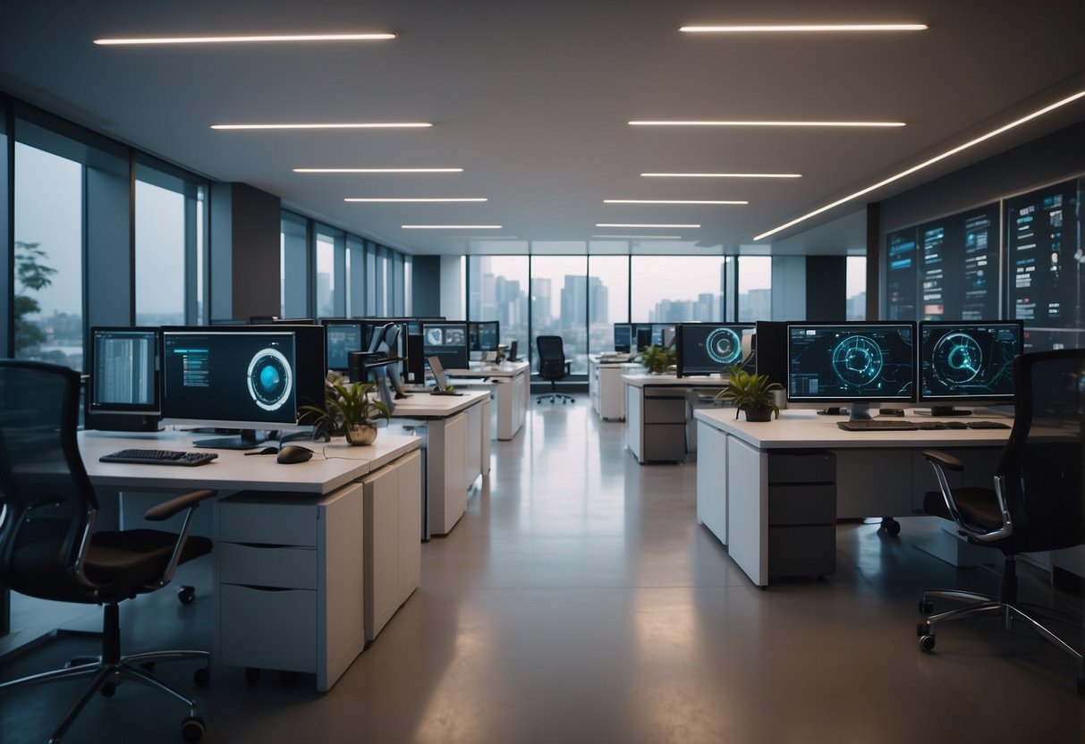 An AI automation agency office with sleek, modern design, glowing screens, and robotic arms working on tasks