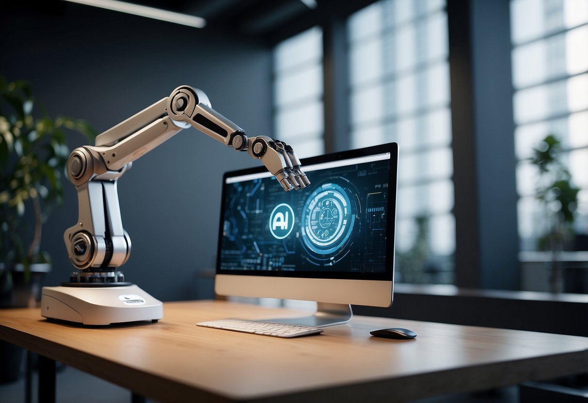 An AI automation agency logo displayed on a sleek, modern website with robotic arms symbolizing efficiency and innovation