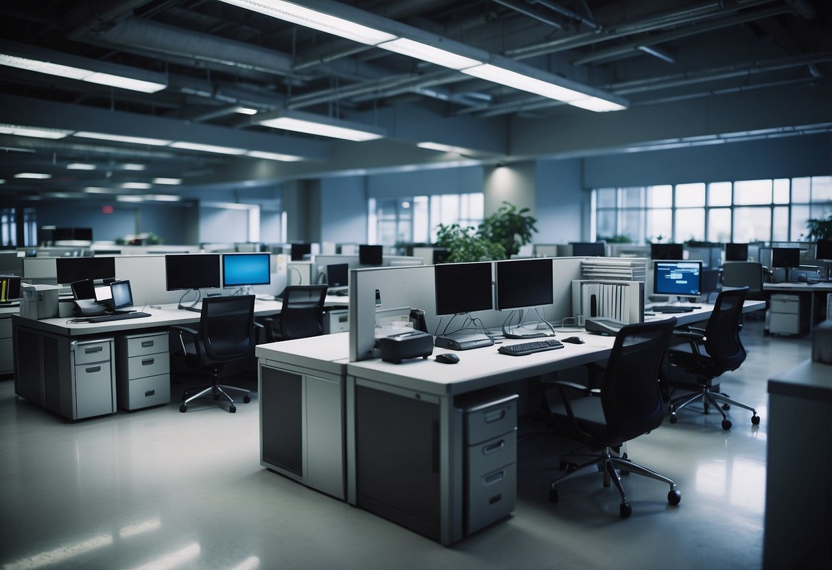 An office setting with computers, servers, and robotic arms working together to streamline processes