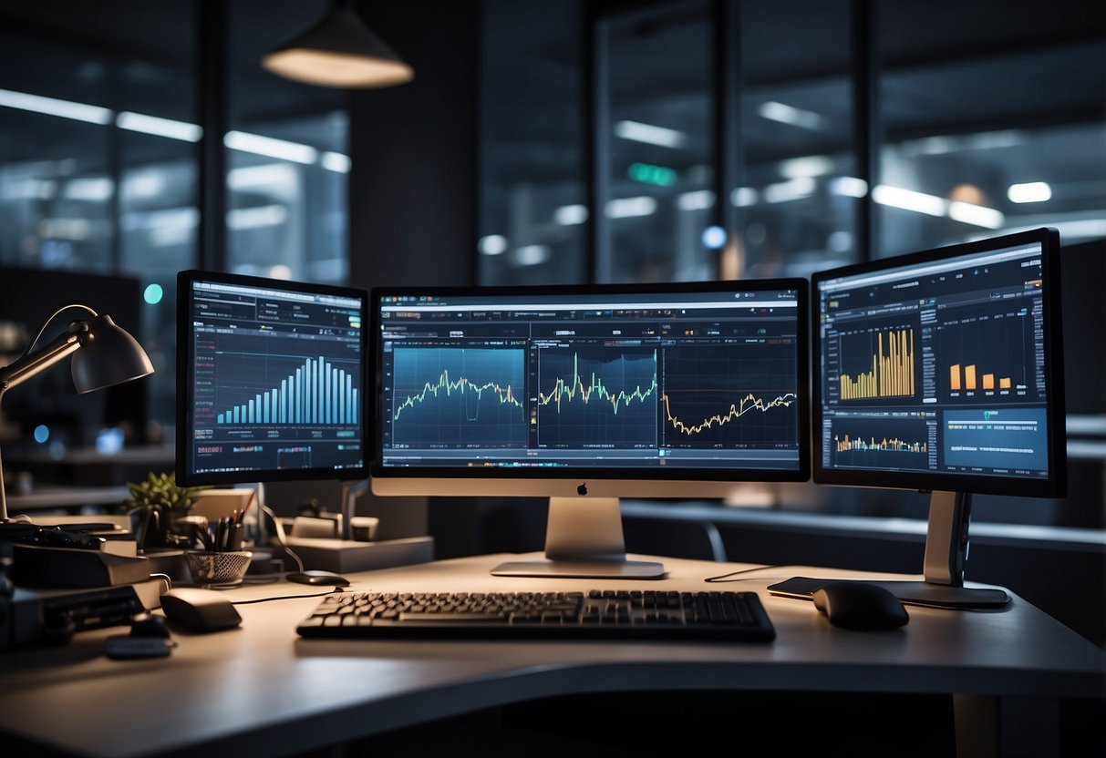 An office desk with a computer displaying AI automation software, surrounded by charts and graphs showing improved business outcomes