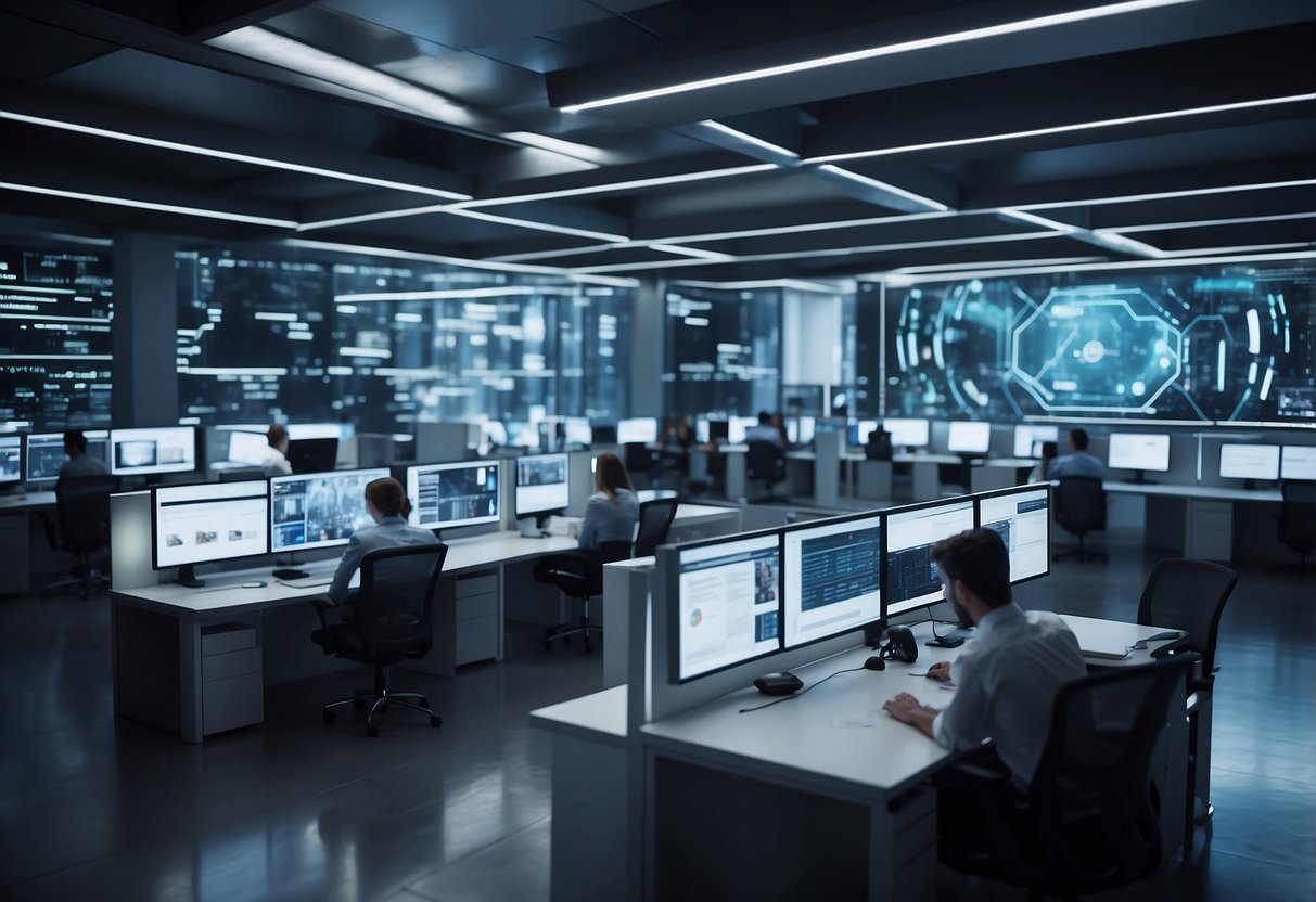 A futuristic office space with AI algorithms running on multiple screens, while experts collaborate on strategy and partnership