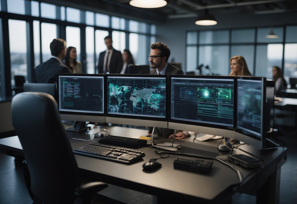 An office setting with computers and monitors displaying AI automation processes. A team of professionals collaborating and engaging in problem-solving discussions