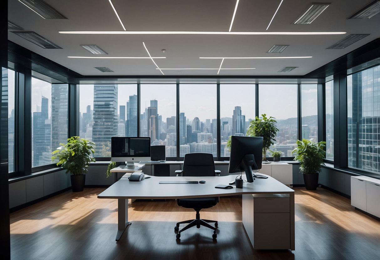 A sleek, modern office space with cutting-edge technology and futuristic design elements, showcasing the innovative atmosphere of an AI automation agency