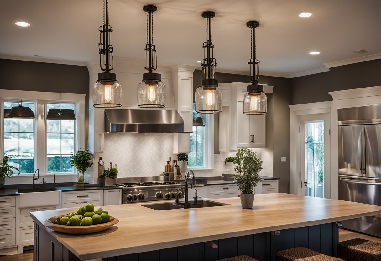 A kitchen with retro pendant lights transitioning to rustic chandeliers, sconces, and recessed lighting. Various styles and finishes create a diverse and visually appealing lighting design