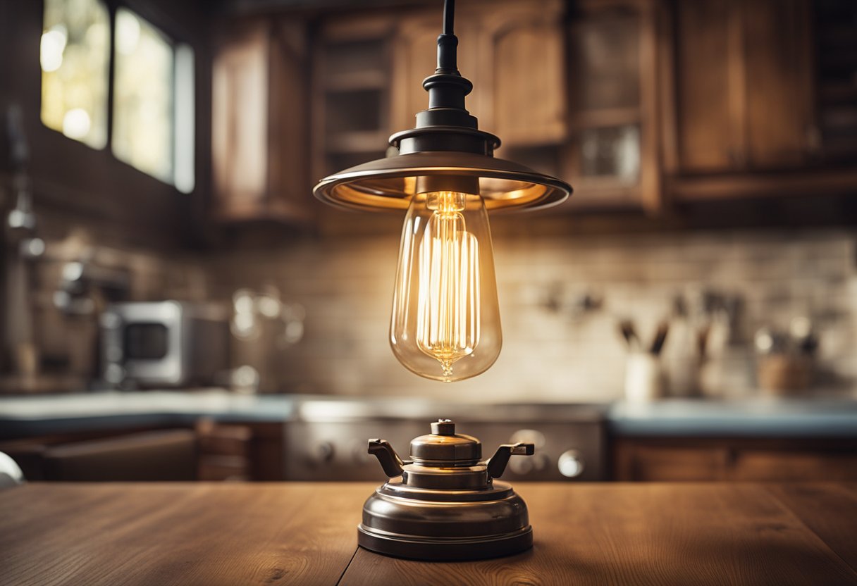 A warm, retro pendant light hangs over a rustic farmhouse table, casting a soft glow on the vintage kitchen appliances and wooden cabinets