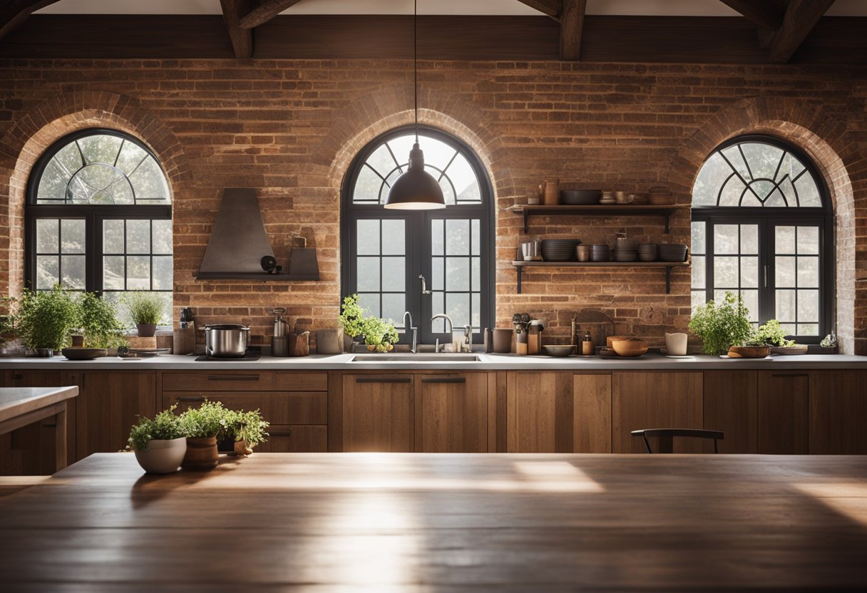 A rustic kitchen with pendant lights over a wooden island, vintage sconces on brick walls, and natural light streaming through a large window