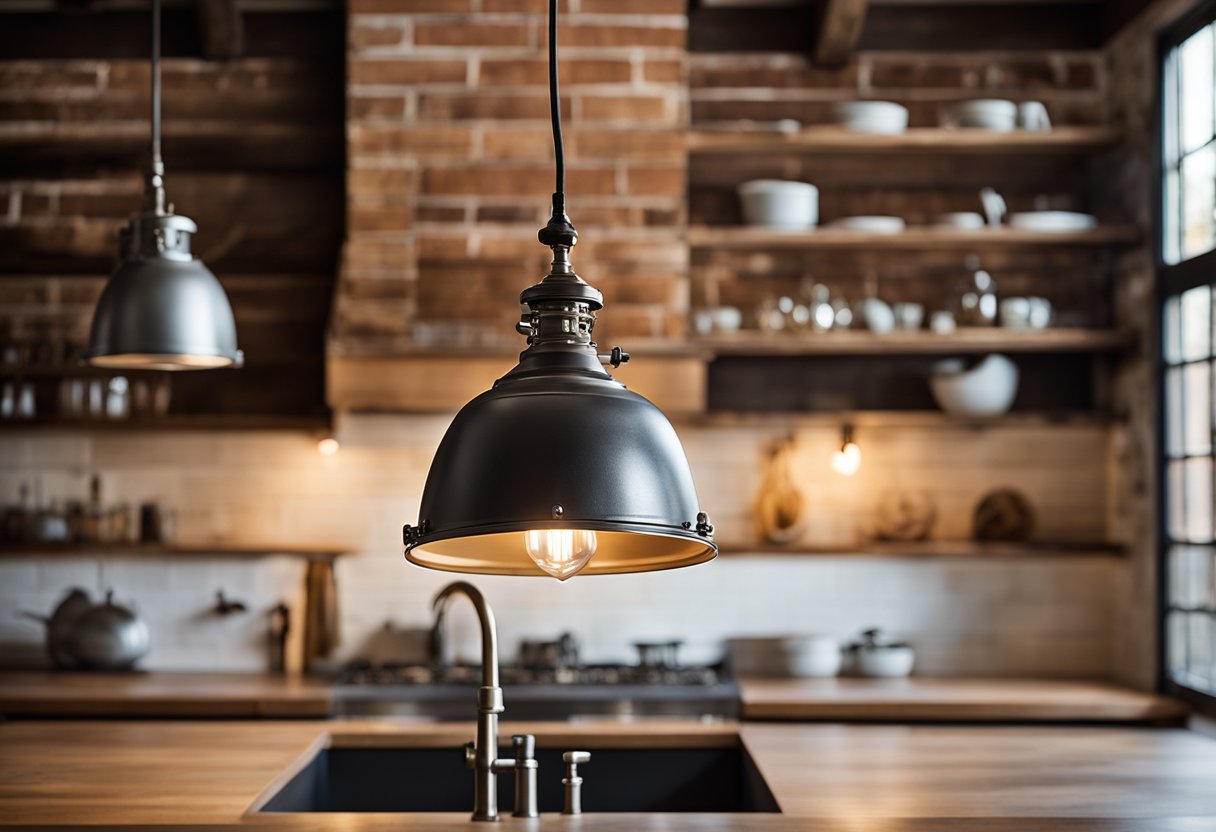 A vintage pendant light hangs over a farmhouse sink, casting warm light on weathered wood countertops and exposed brick walls. A modern track light illuminates a sleek island, contrasting with the rustic elements