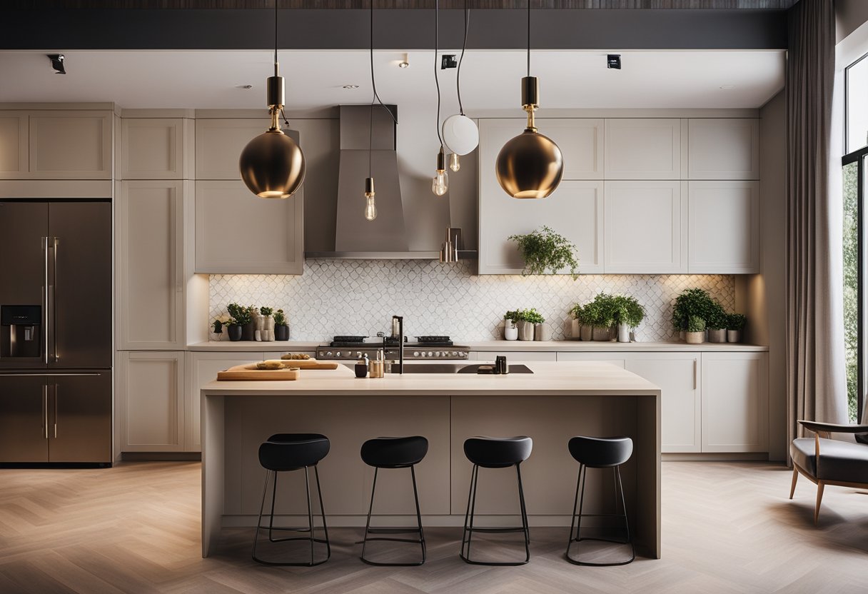 A modern kitchen with pendant lights hanging above a sleek island, casting a warm glow on the clean, chic design