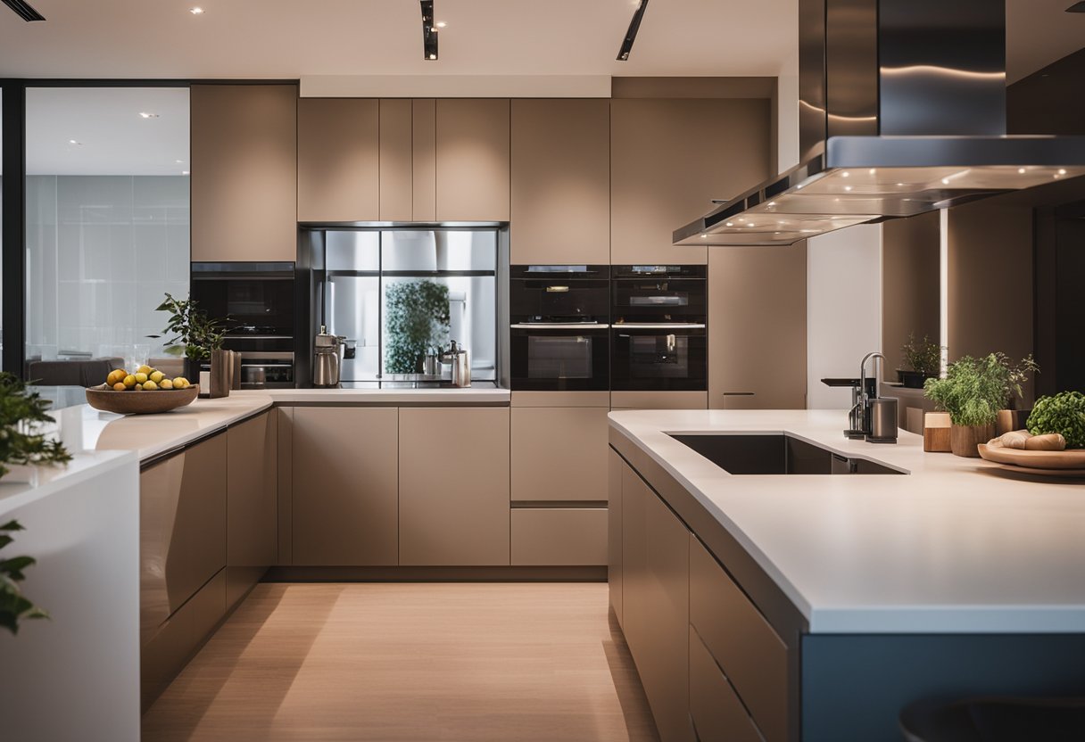 The modern kitchen is bathed in a warm, ambient glow from the under-cabinet lighting, illuminating the sleek and chic design of the space