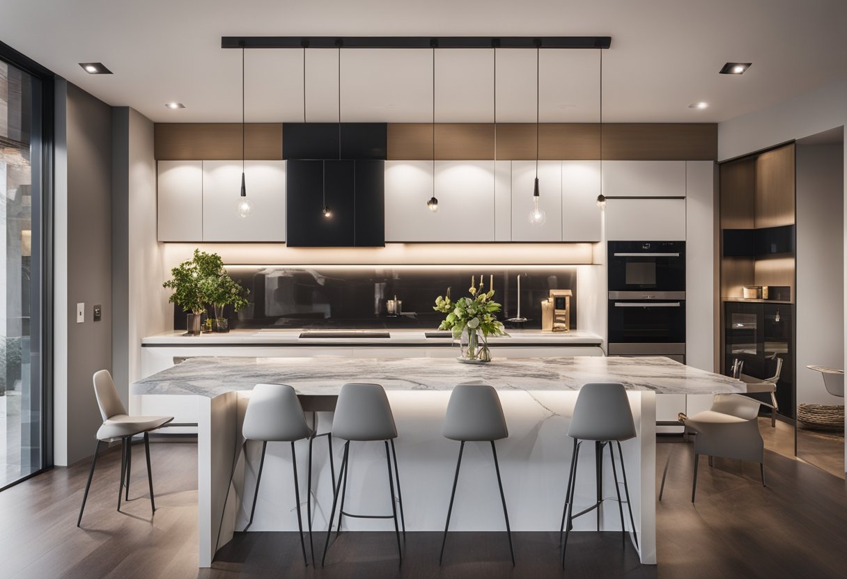 A modern kitchen with sleek pendant lights over a marble island, under-cabinet LED strips, and recessed ceiling spotlights