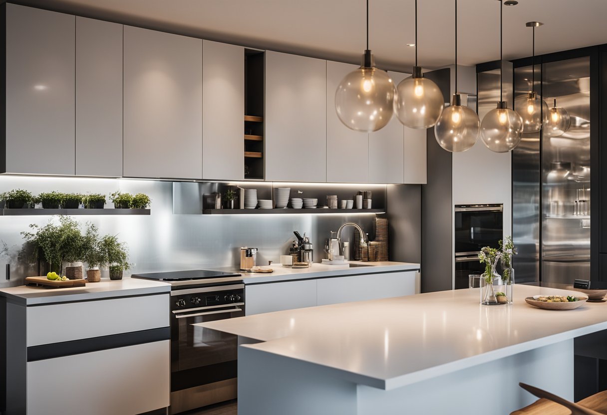 A modern kitchen with sleek, chic lighting fixtures illuminating the space. Clean lines and contemporary design create a visually appealing atmosphere