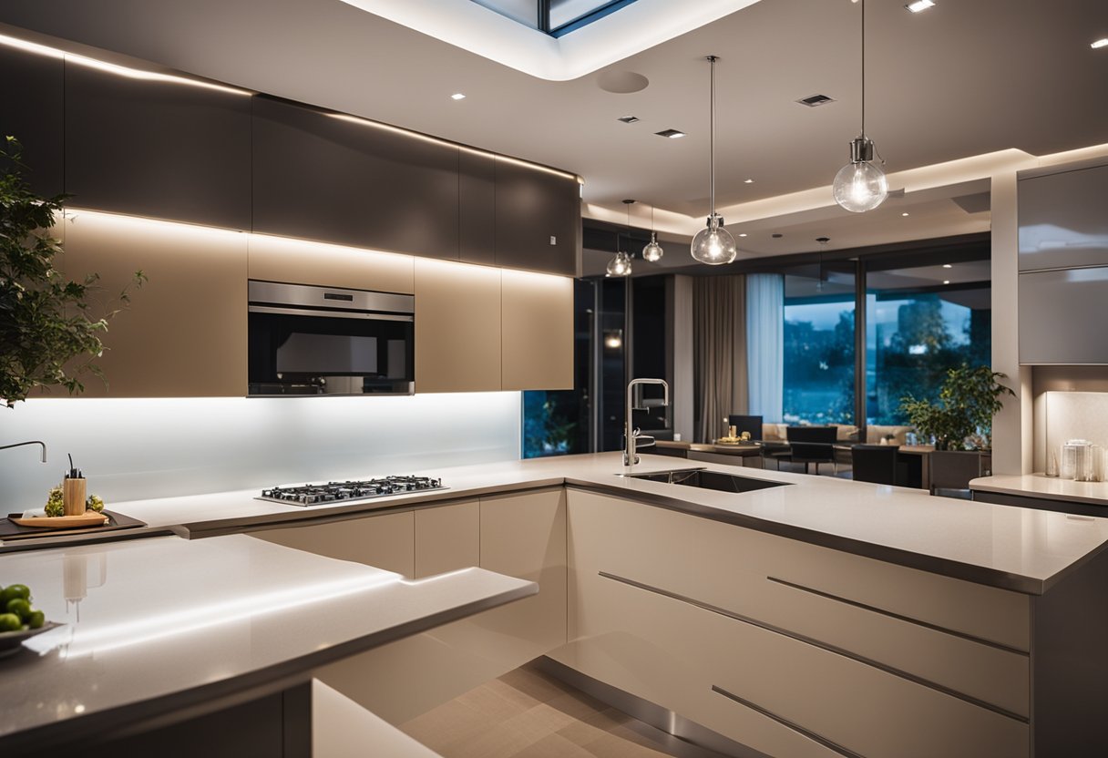 A modern kitchen with sleek, high-tech lighting fixtures illuminating every corner, creating a dazzling display of innovative lighting solutions