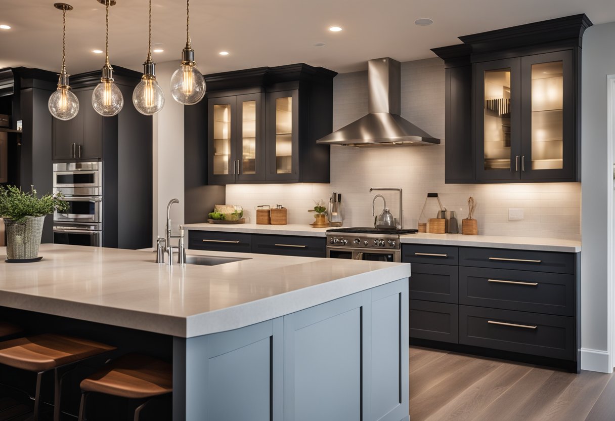 A modern kitchen with sleek countertops and a statement lighting fixture illuminating the space. Subtle under cabinet lights create a warm ambiance, while the focal point fixture adds a touch of drama