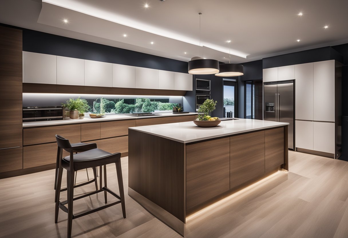 A modern kitchen with sleek, minimalist cabinets and countertops. Overhead, innovative lighting fixtures illuminate the space, casting a warm and inviting glow