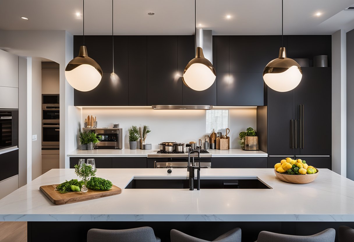 A modern kitchen with innovative lighting solutions, showcasing under cabinet LED strips, pendant lights over the island, and recessed spotlights for a standout design