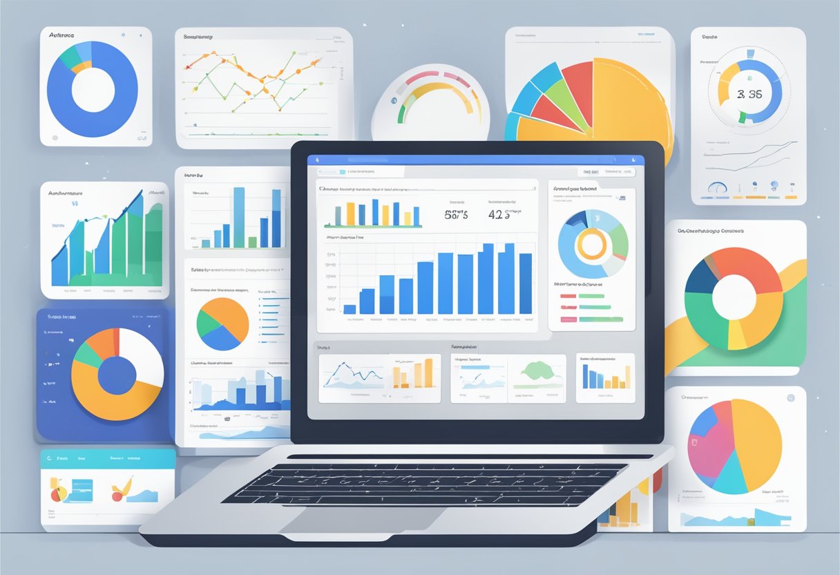 A laptop displaying a blog with AdSense ads, surrounded by charts and graphs showing performance metrics