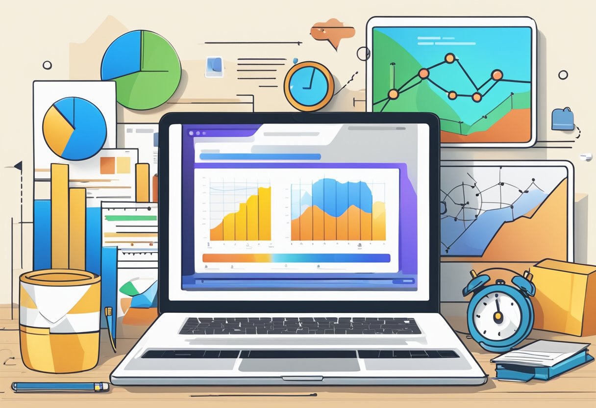 A laptop displaying a blog homepage with Google AdSense ads, surrounded by charts and graphs showing increasing revenue