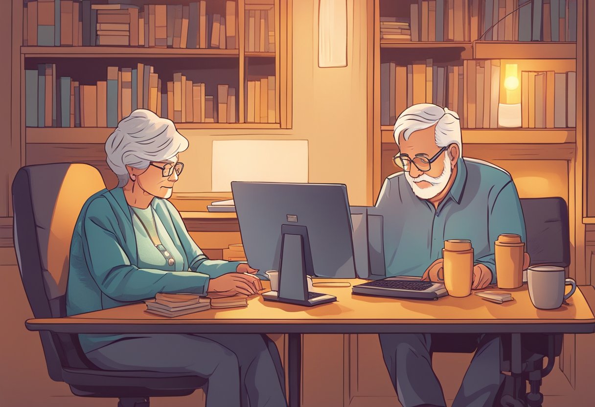 A senior couple sitting at a computer, looking puzzled. A stack of affiliate marketing books on the table. The room is cozy with warm lighting